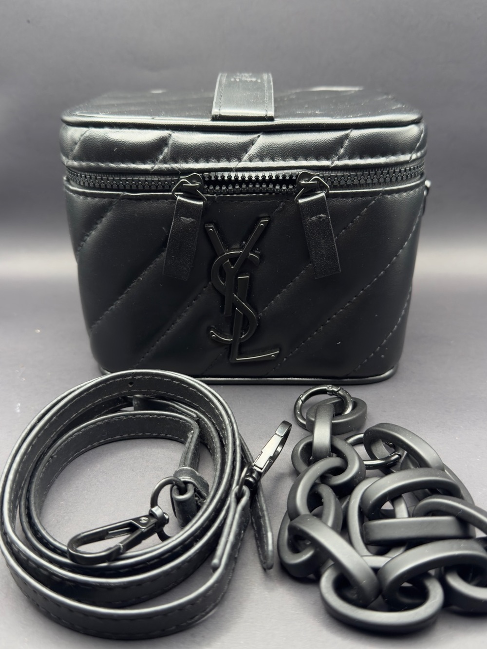 YSL Beaute Black Quilted Leather Vanity Case with 2 Straps